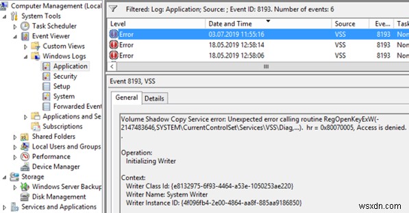 Fixing Volume Shadow Copy (VSS) Error with Event ID 8193
