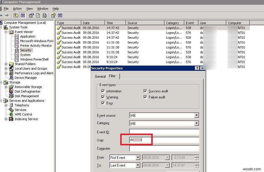 How to Filter Event Logs by Username in Windows 2008 and higher