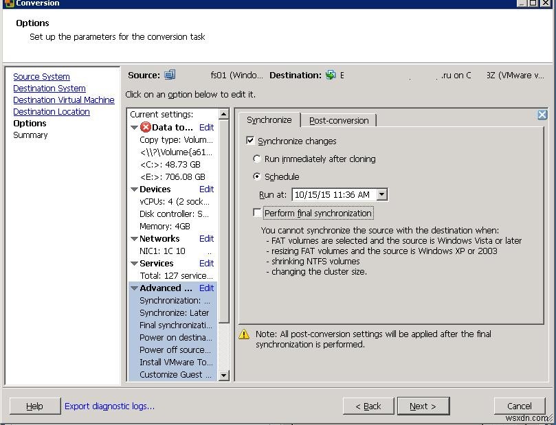 VMware Converter: Synchronize changes when perfoming  P2V or V2V