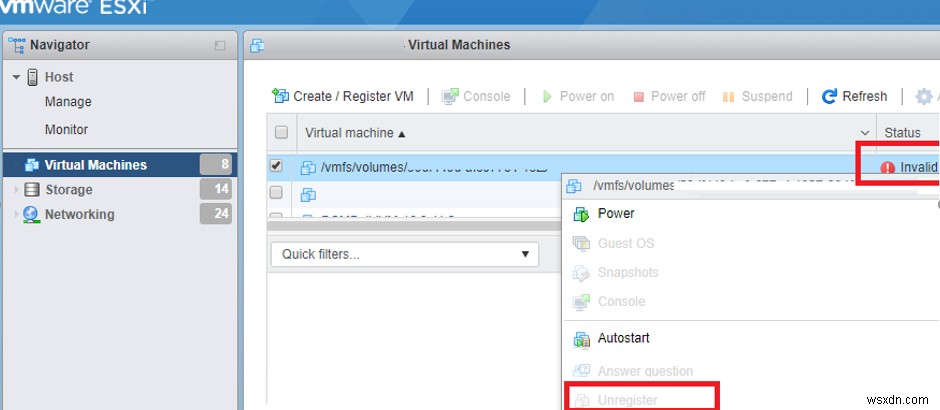Invalid State of a Virtual Machine on VMWare ESXi