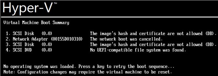 Hyper-V Boot Error: The Image’s Hash and Certificate Are not Allowed