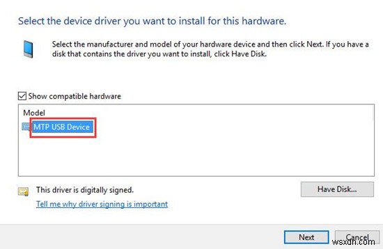 Fix MTP USB Device Failed Installation in Windows 10