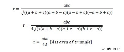 Area of the circumcircle of any triangles with sides given in C++