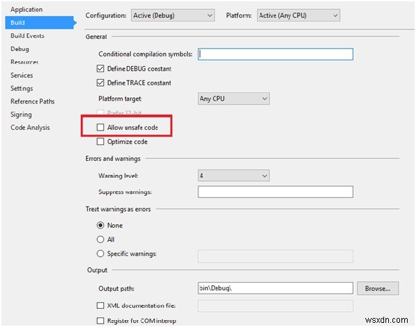 How to compile unsafe code in C#?