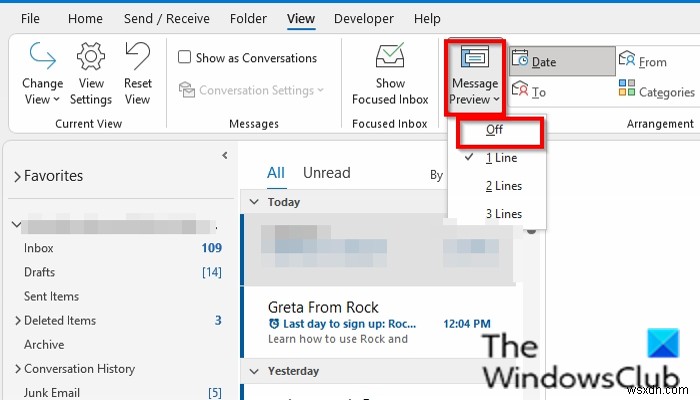 How to turn off Message Preview in Outlook