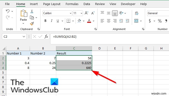 How to use the SUMSQ function in Excel
