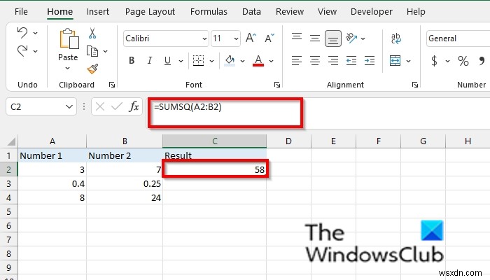 How to use the SUMSQ function in Excel