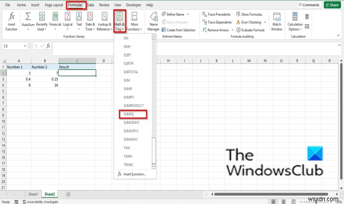 How to use the SUMSQ function in Excel