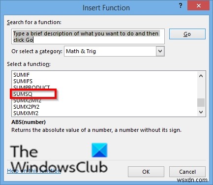 How to use the SUMSQ function in Excel