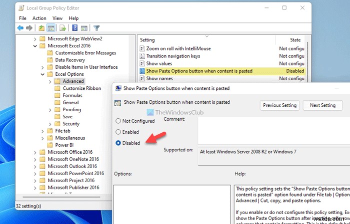 How to hide Paste Options button after pasting in Excel