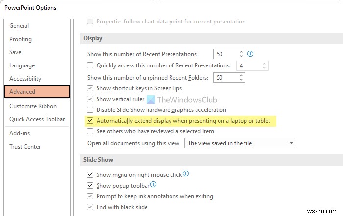 How to stop PowerPoint from extending display when presenting on laptop 