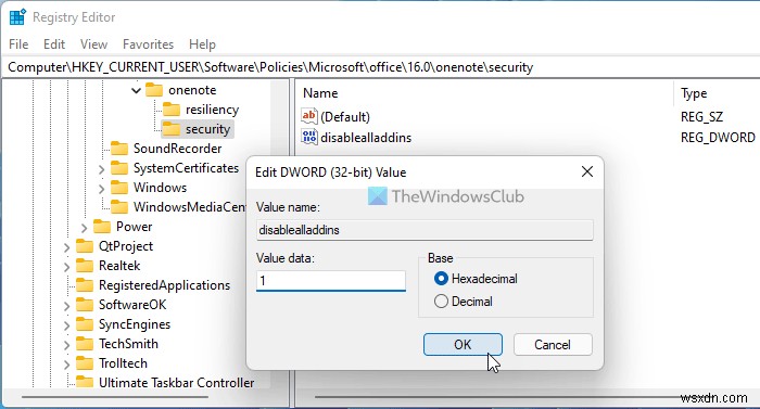 How to disable Unmanaged and Installed OneNote add-ins