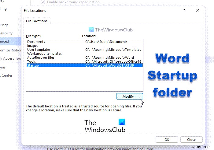 How to change the Startup folder of Word