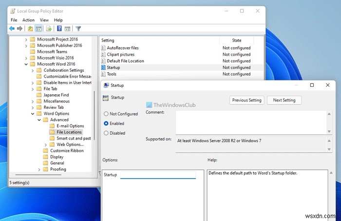 How to change the Startup folder of Word