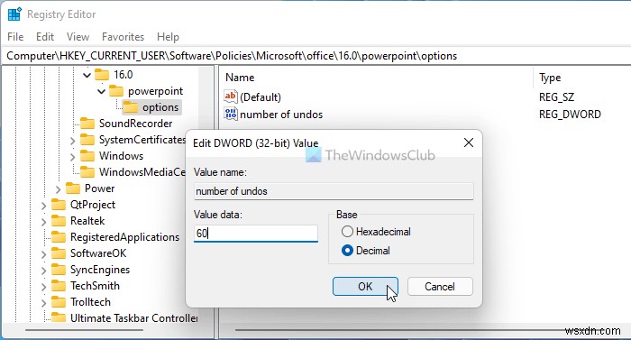 Increase or Decrease the maximum number of Undos in PowerPoint