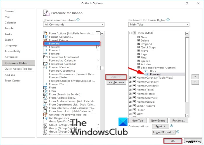 How to add Back and Forward buttons to Outlook Ribbon