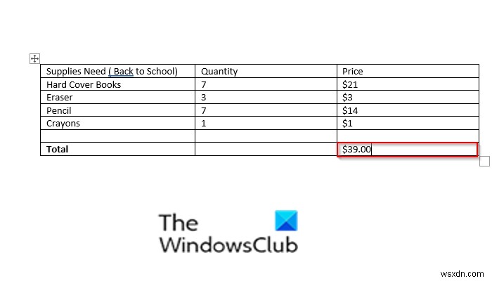 How to sum a Column or Row of Numbers in a Word Table