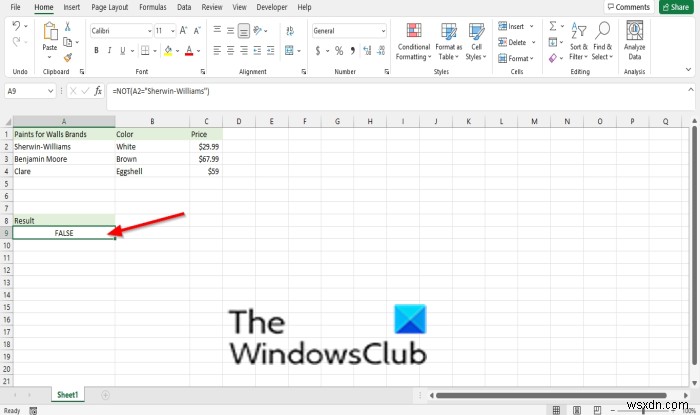 How to use the Not function Microsoft Excel