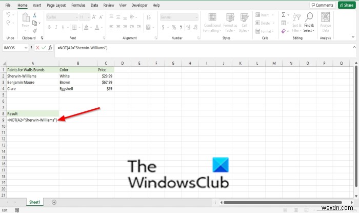How to use the Not function Microsoft Excel