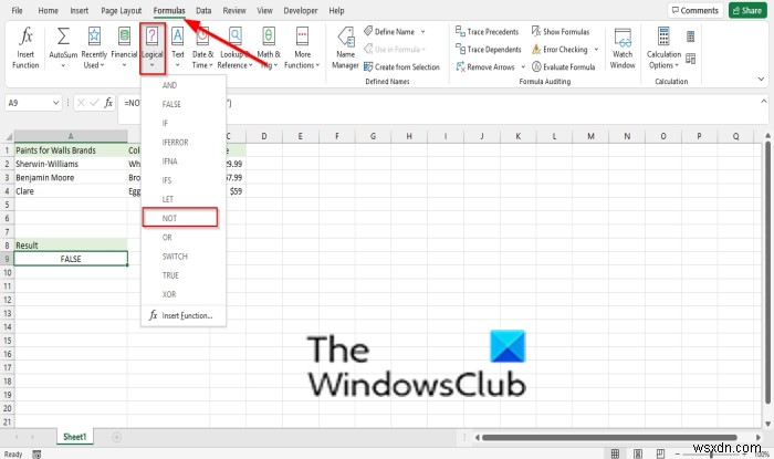 How to use the Not function Microsoft Excel