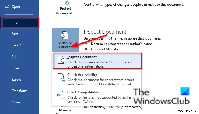How to inspect documents in Word using Document Inspector