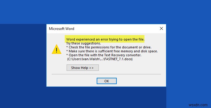 Fix Word experienced an error trying to open the file error