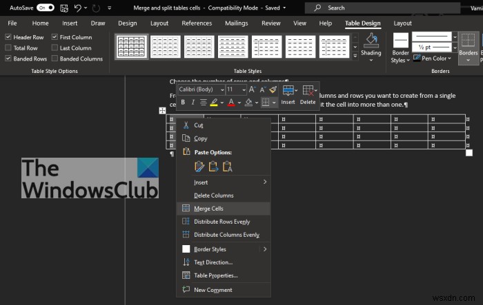 How to merge and split cells in Table in Microsoft Word