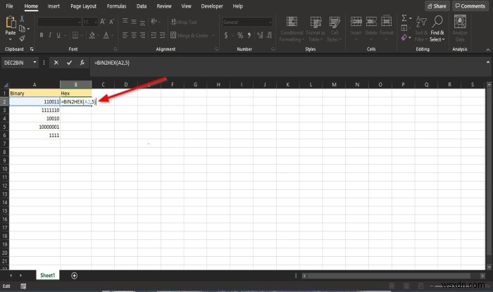 How to use the BIN2HEX function in Microsoft Excel