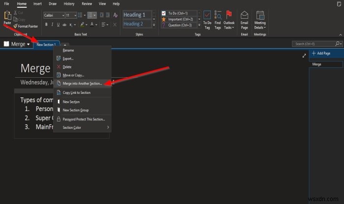 How to move Sections or merge Notebooks in OneNote