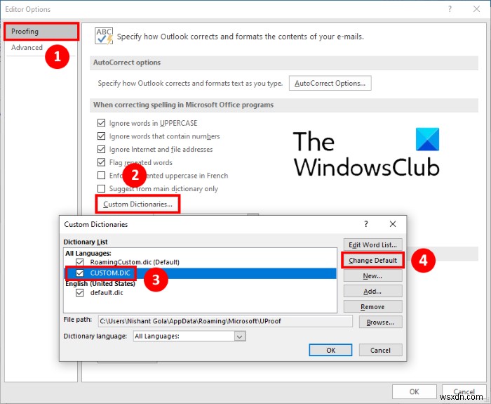 Fix The custom dictionary is not available to be updated in Outlook