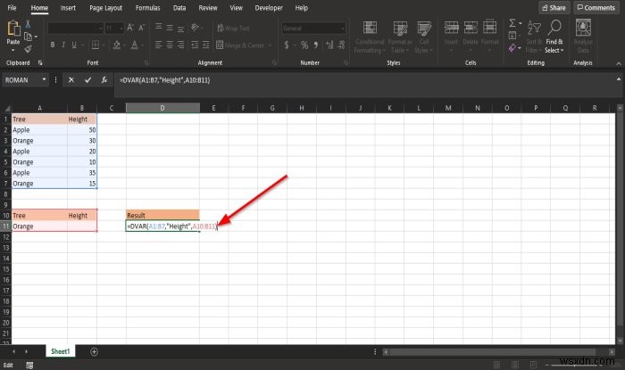 How to use the DVAR function in Microsoft Excel