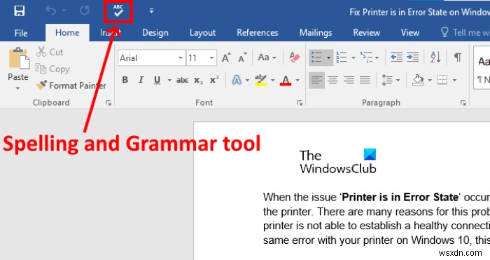 How to show Spelling and Grammar tool on Quick Access Toolbar in Word