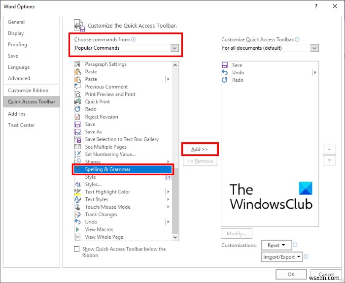How to show Spelling and Grammar tool on Quick Access Toolbar in Word