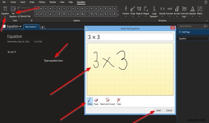 How to insert Equations and Symbols into a page in OneNote
