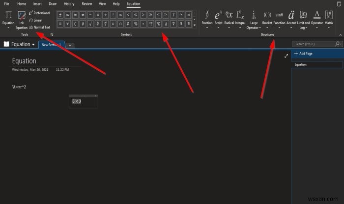 How to insert Equations and Symbols into a page in OneNote