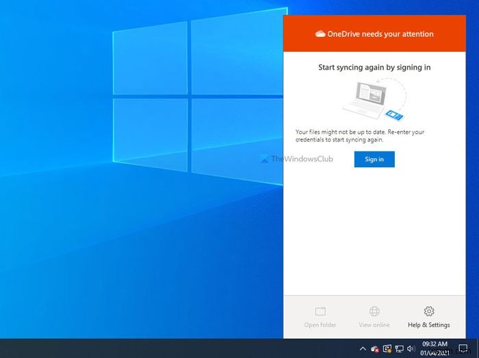 OneDrive needs your attention, Start syncing again by signing in