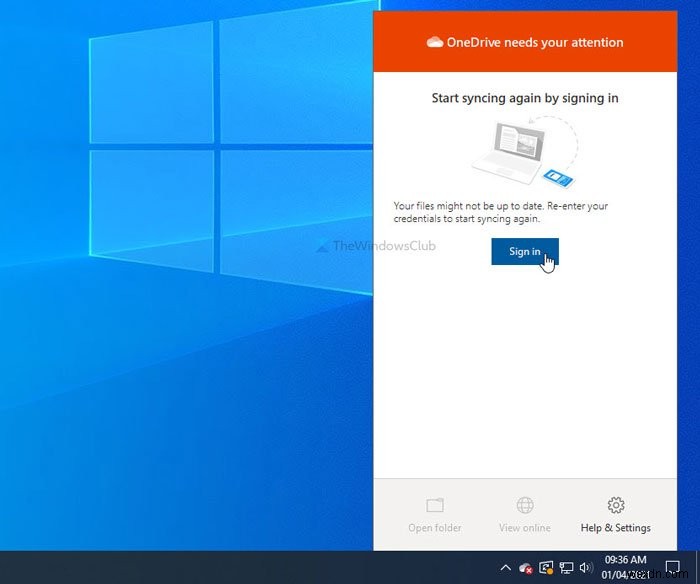 OneDrive needs your attention, Start syncing again by signing in