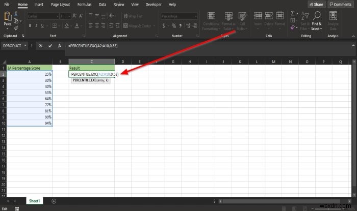 How to use the Percentile.Exc function in Microsoft Excel