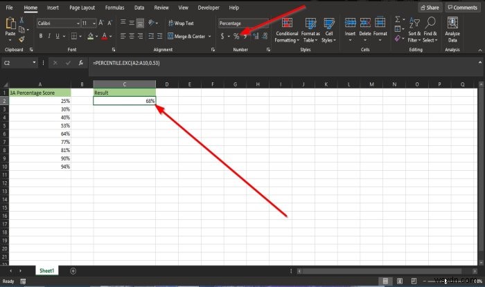 How to use the Percentile.Exc function in Microsoft Excel
