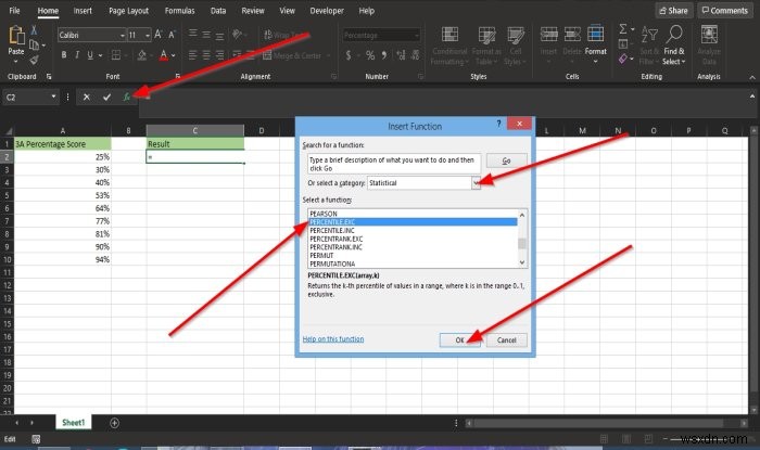 How to use the Percentile.Exc function in Microsoft Excel