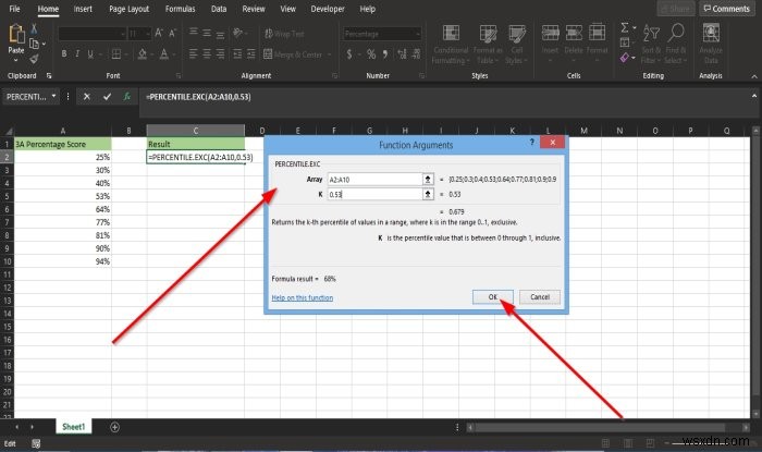 How to use the Percentile.Exc function in Microsoft Excel