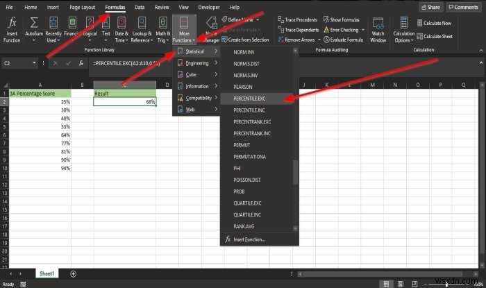 How to use the Percentile.Exc function in Microsoft Excel