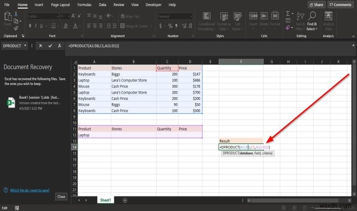 How to use the DPRODUCT function in Microsoft Excel