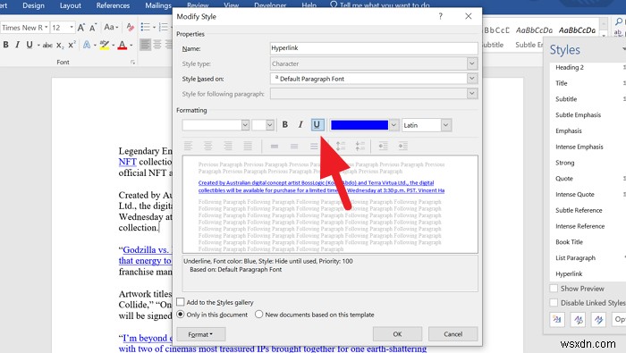 How to remove the Underline from a Hyperlink in Microsoft Word