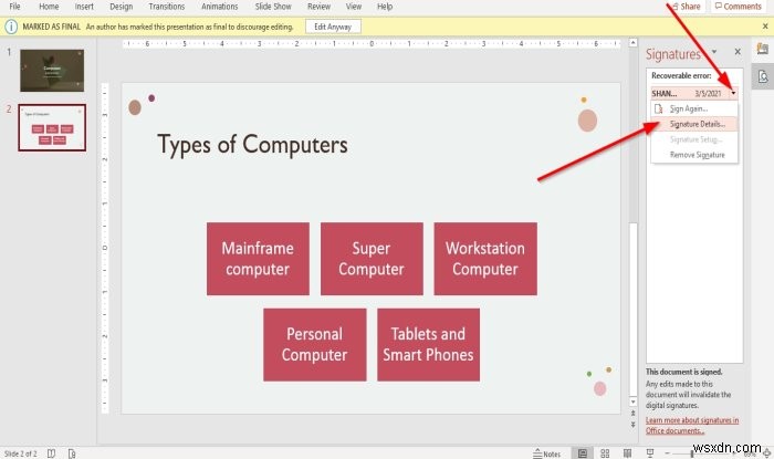 How to attach or remove Digital Signature in PowerPoint presentation