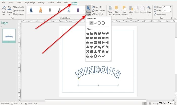 How to change the shape of WordArt Text tool in Microsoft Publisher