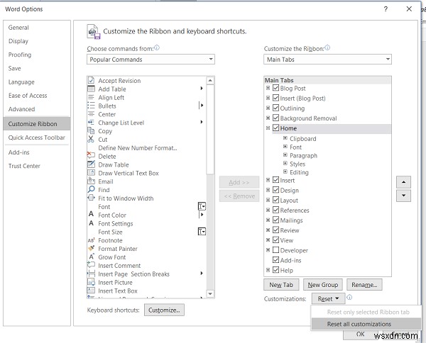How to reset Ribbon Customizations to default in Microsoft Office?