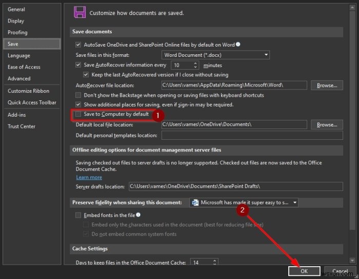 How to change the default Save location in Office