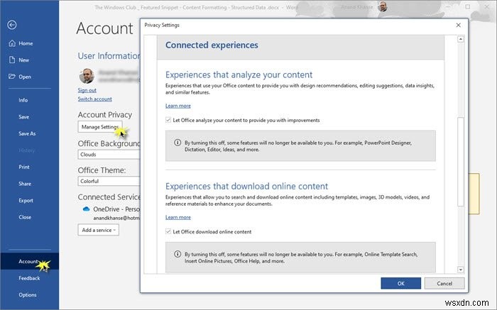 How to change Account Privacy settings in Microsoft Office