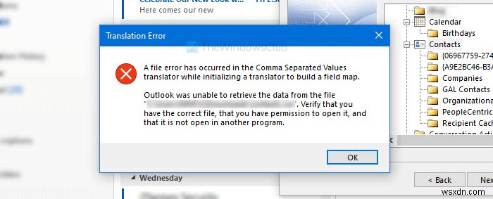 A file error has occurred in the Comma Separated Values translator
